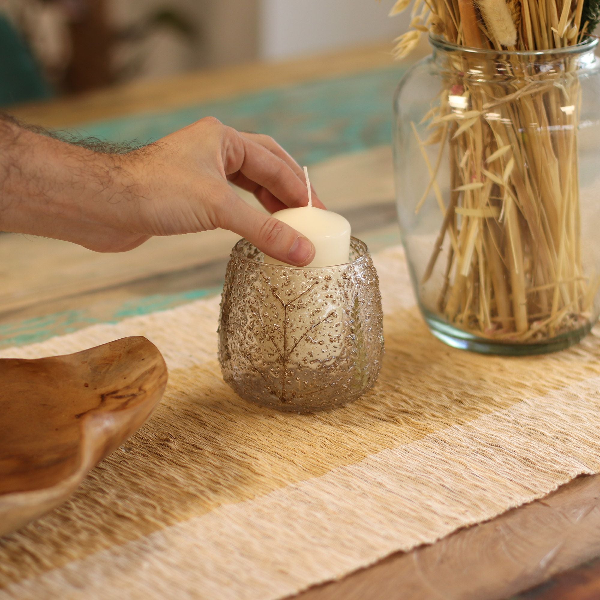 Portavelas recto de Vidrio floral natural - Pino (10x9cm)