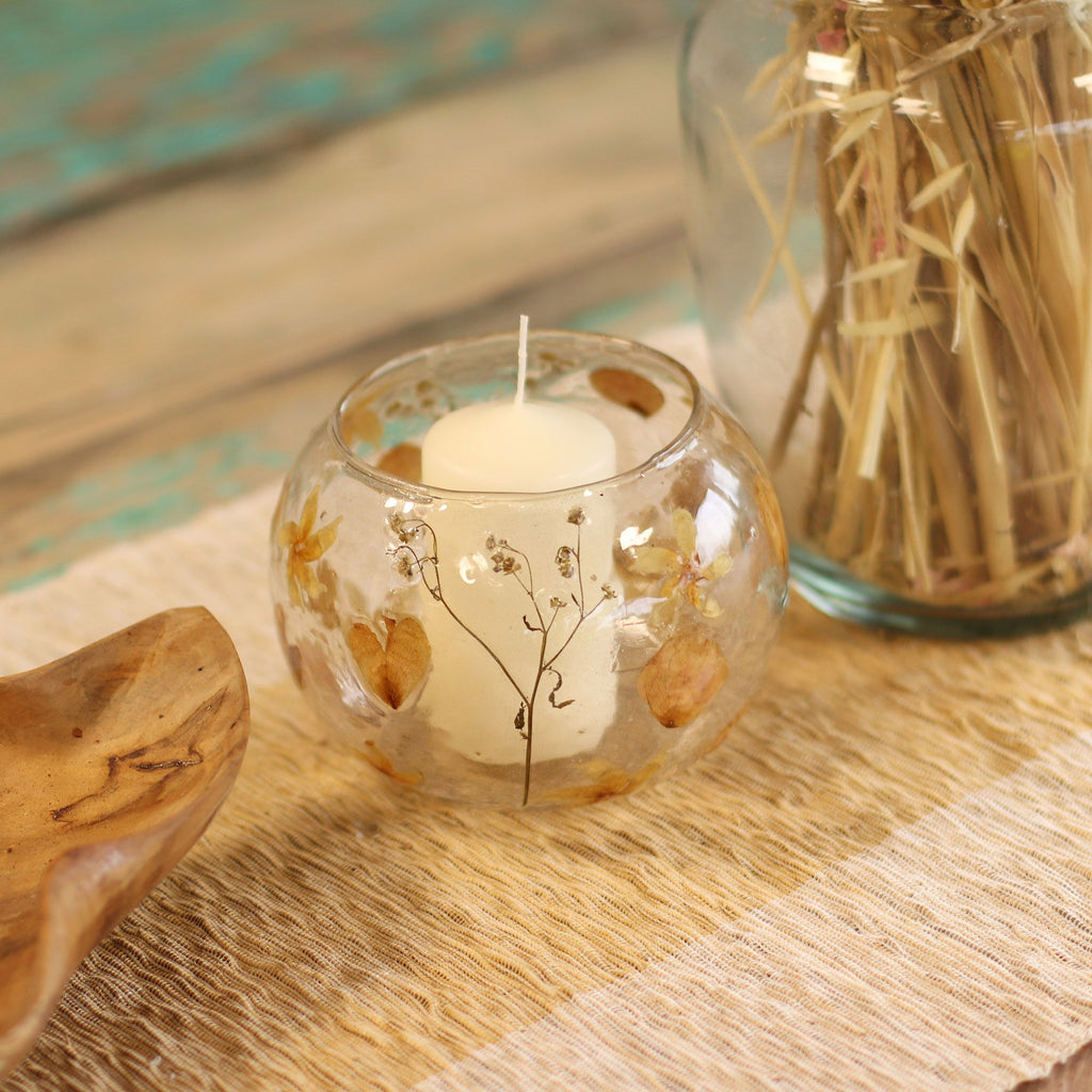 Portavelas de Vidrio floral natural - Cuenco grande rosa - (12x13cm)