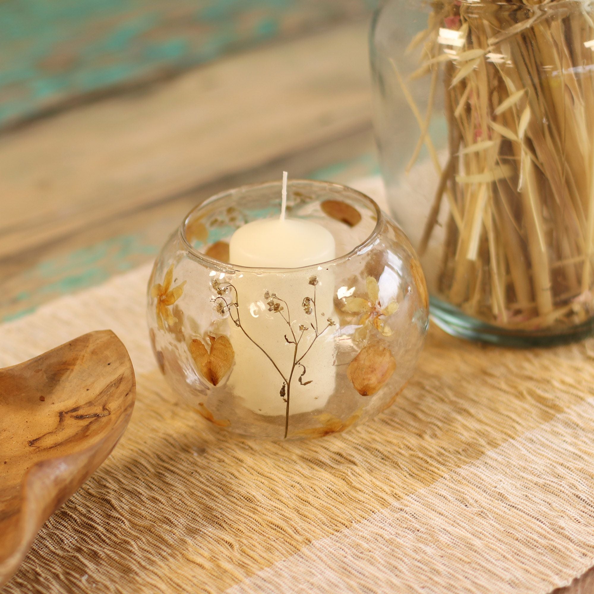 Portavelas de Vidrio floral natural - Cuenco grande rosa - (12x13cm)